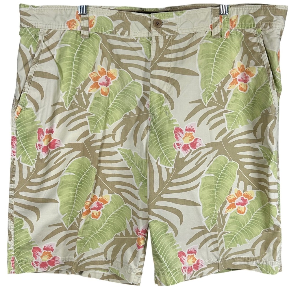 Izod Men's‎ Size 44 Tropical Floral Palm Leaf Ripstop Shorts Beige Green Cotton